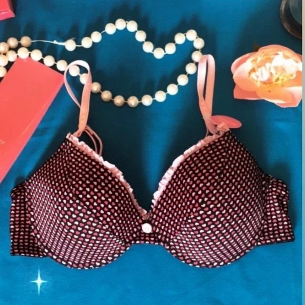 Sweet Pink Hearts Bra w/ Eyelet Lace Ruffle Push Up Underwire